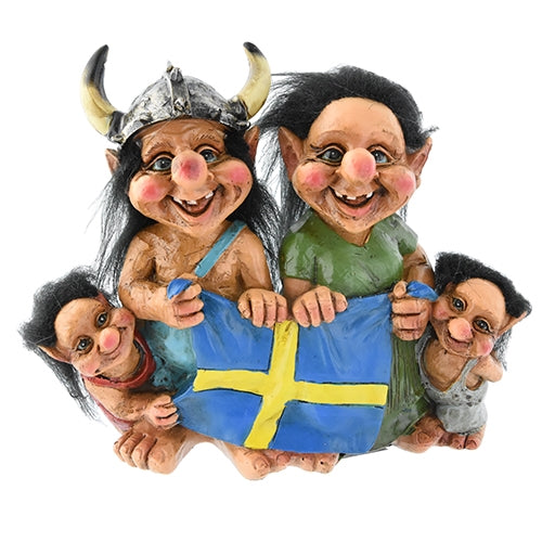 Trollfamilj m Sverigeflagga, 14cm